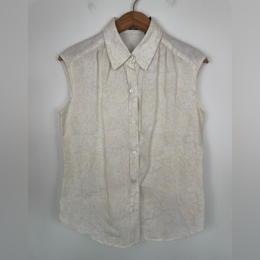 Liz Claiborne Linen Paisley Sleeveless Button Up Top Neutral Cream Boho Western